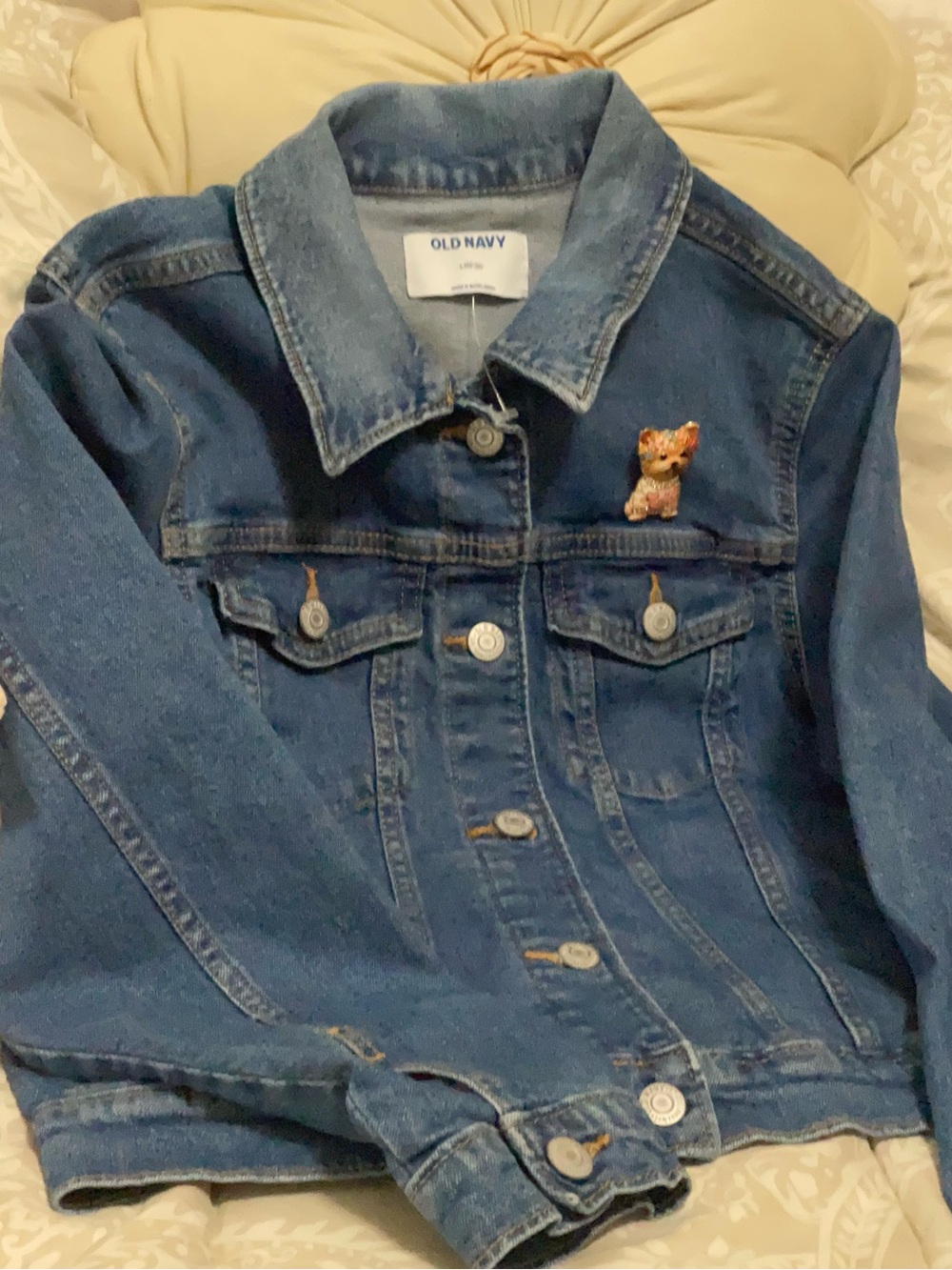 Old Navy Blue Denim Kids Jacket with Yorkie dog  Pin with rhinestones.Size 10/12
